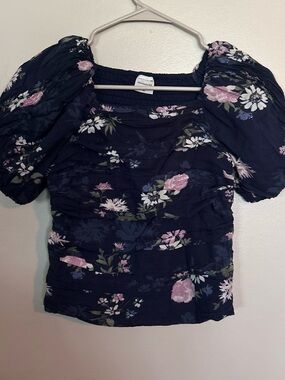 5 for $20! Floral Puff-Sleeve Square Neck Top - Navy with Pink Flowers